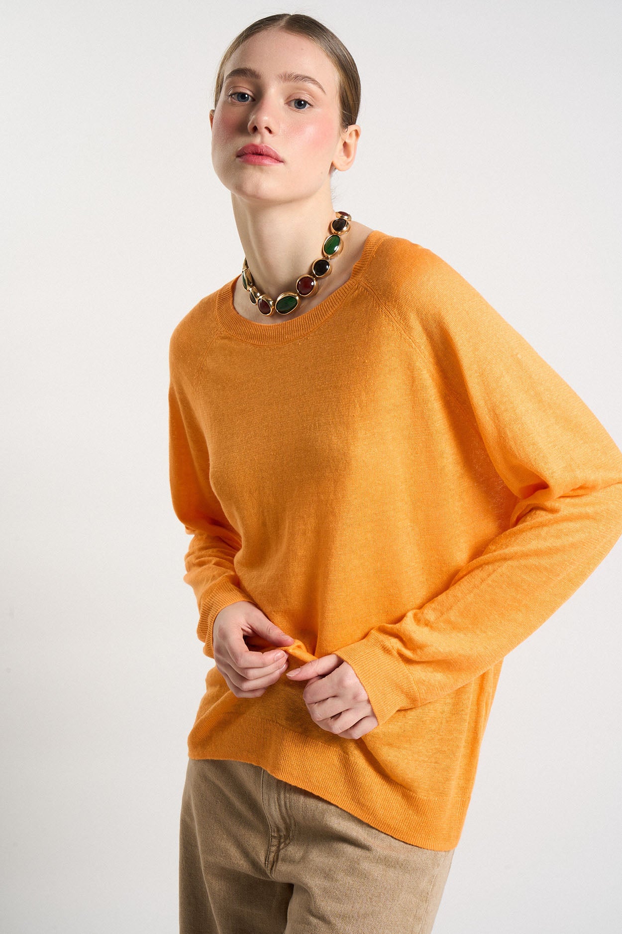 Pull col rond 100% Lin MACALOUETTE Orange fluo