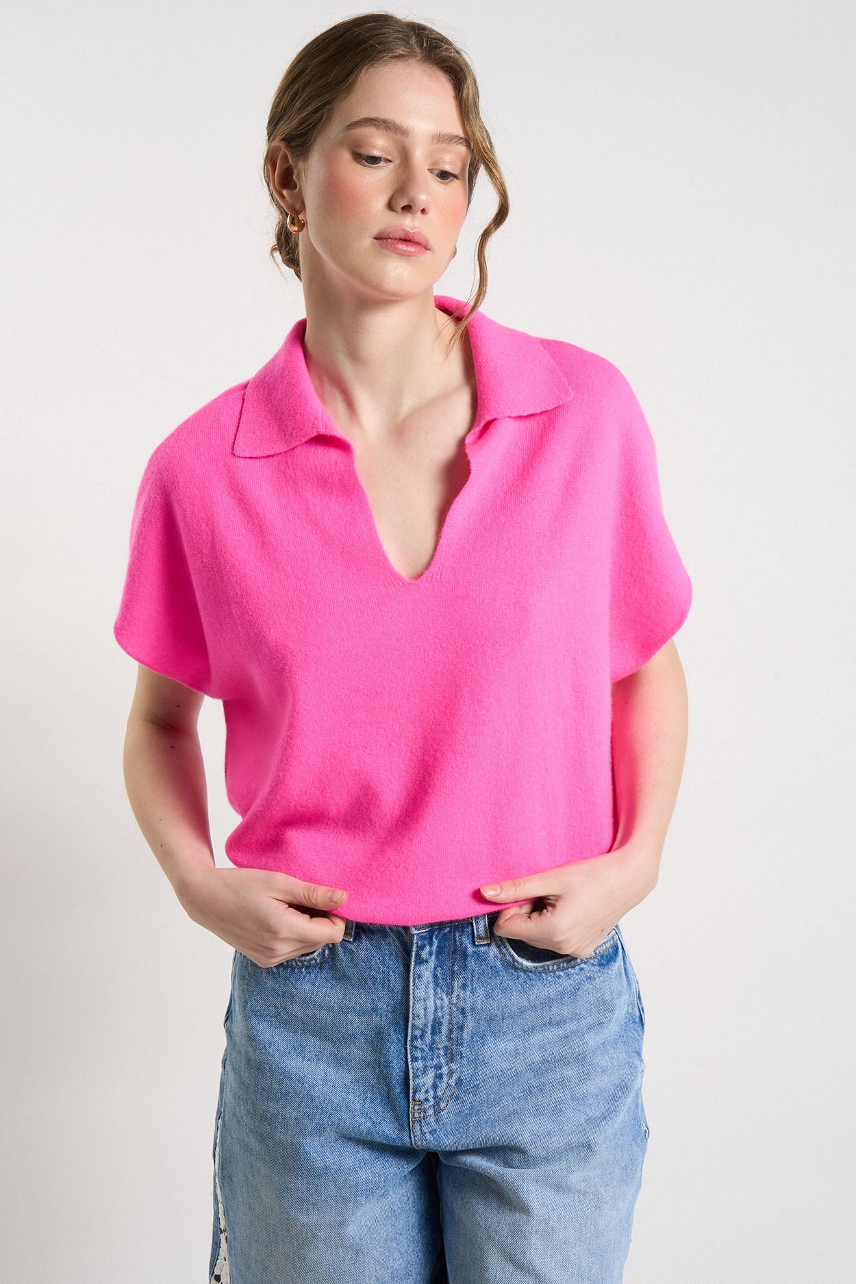 Pull col V 100% Cachemire MALOUE Rose fluo