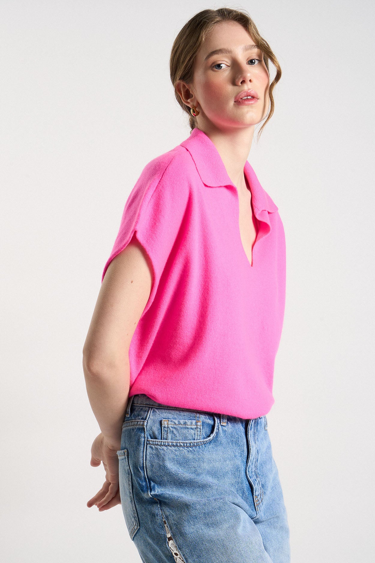 Pull col V 100% Cachemire MALOUE Rose fluo - vue 3
