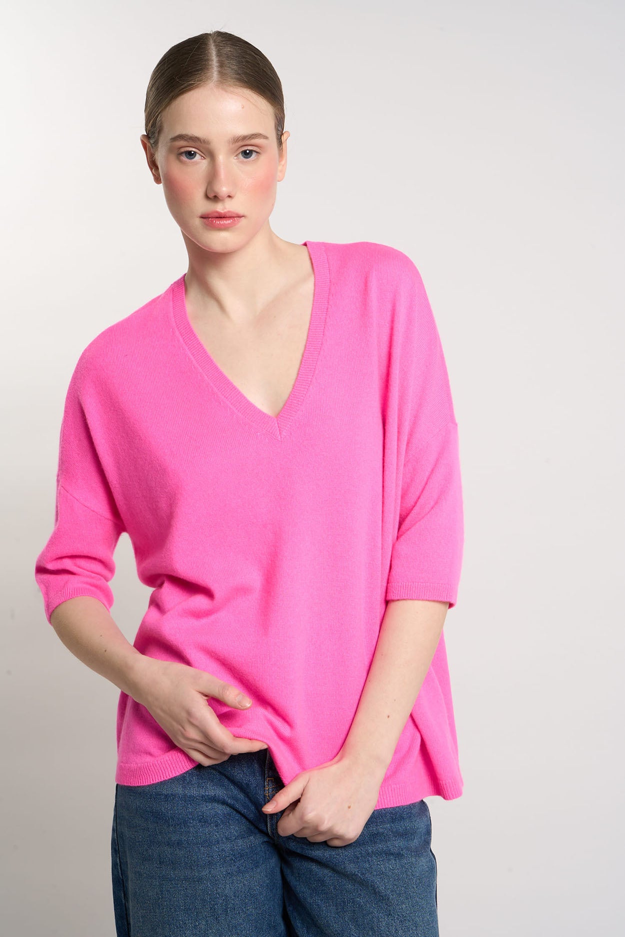 Pull col V en 100% Cachemire MARTINETTIE Rose fluo
