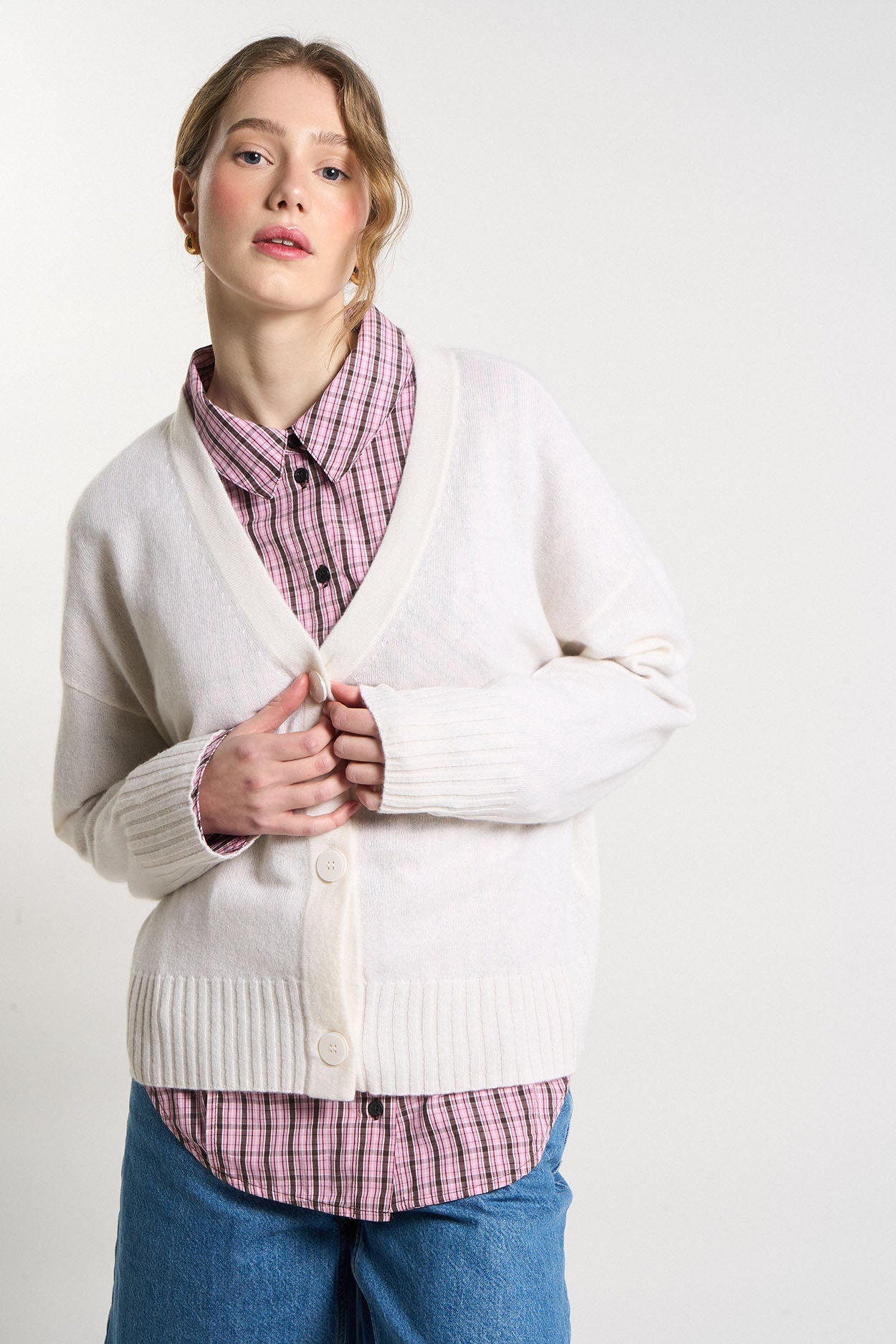 Gilet boutonné 100% Cachemire GRAMMALYA Milk