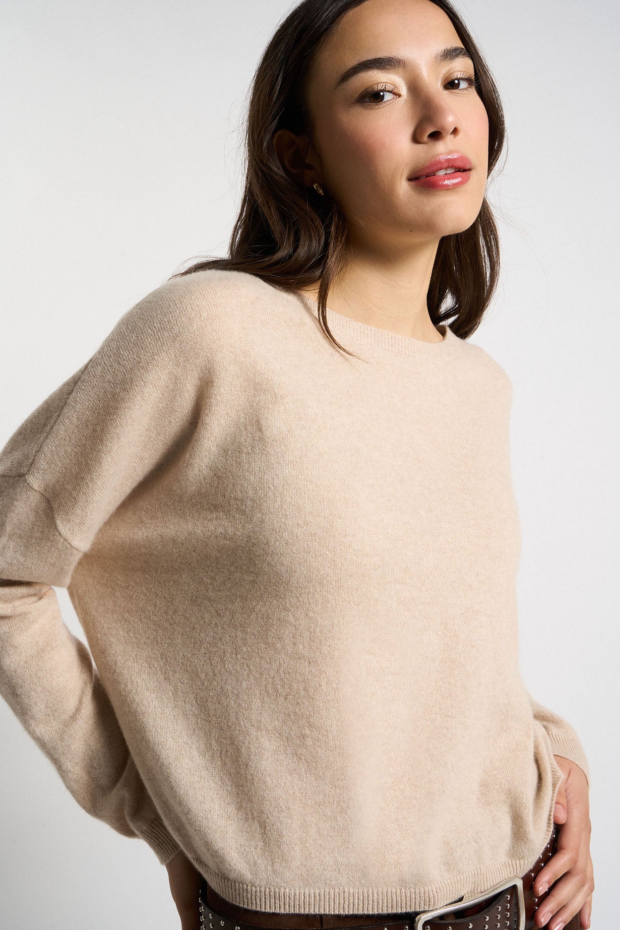 Pull col bateau court 100% Cachemire MONROE Beige chiné