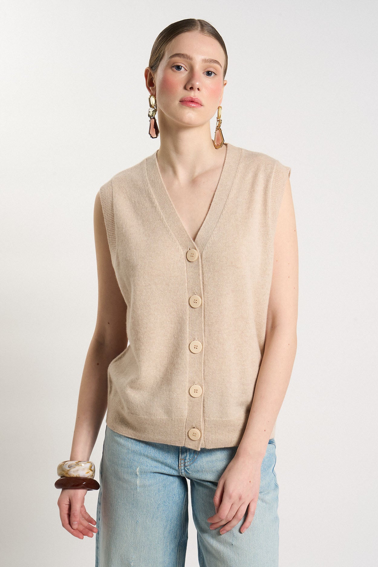 Gilet sans manches 100% Cachemire GABS Beige chiné