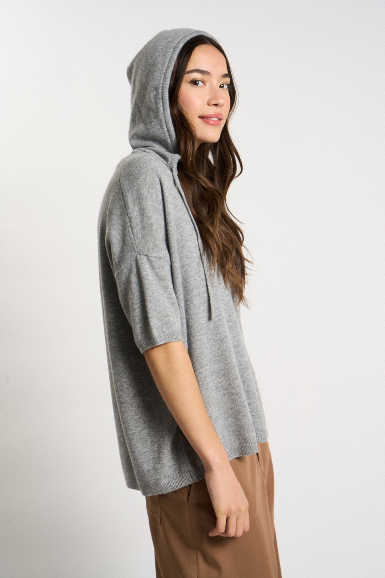 Pull col V hoodie 100% Cachemire MALCOLMA Grey - vue 2