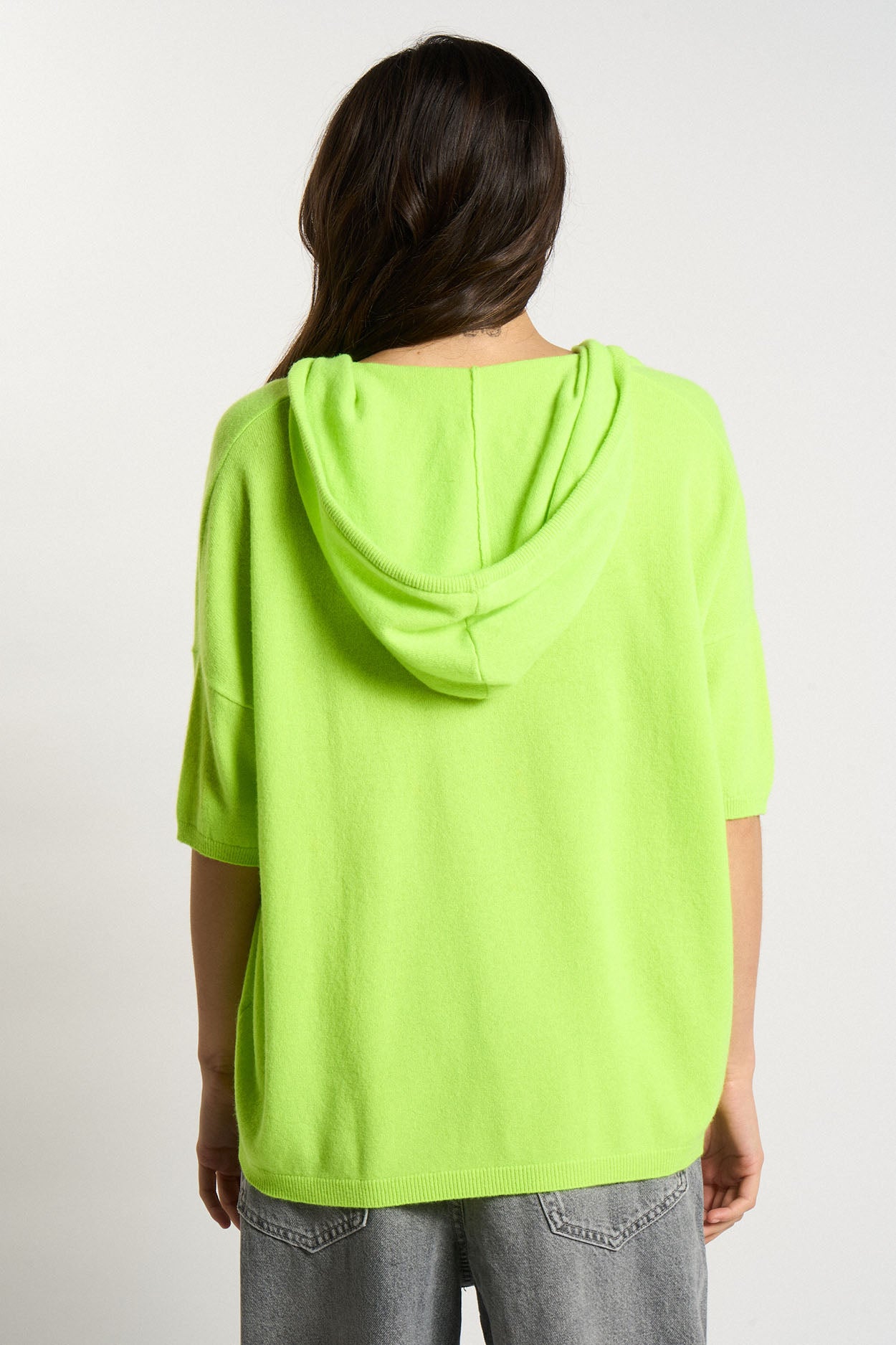 Pull col V hoodie 100% Cachemire MALCOLMA Jaune fluo - vue 3