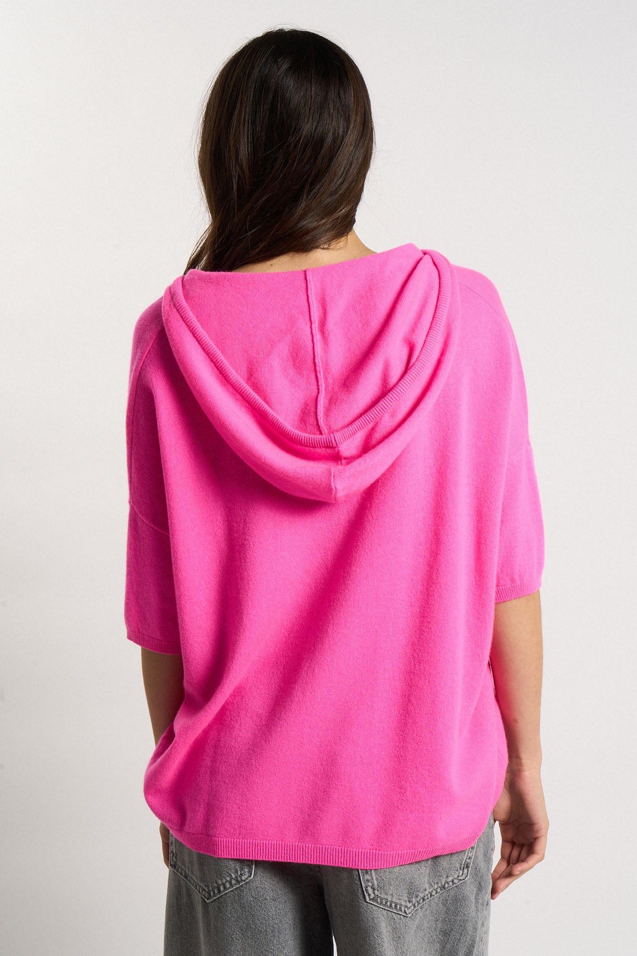 Pull col V hoodie 100% Cachemire MALCOLMA Rose fluo - vue 3