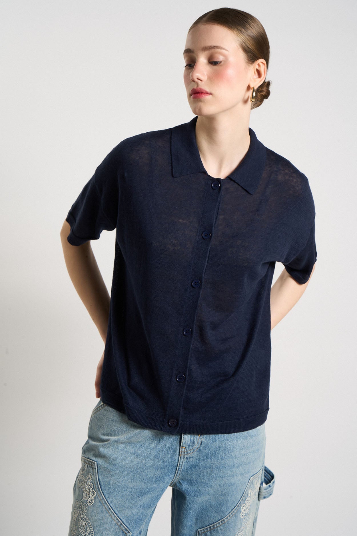 Gilet manches courtes 100% Lin GELLYSTA Marine